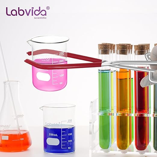Labs Beaker Tongs, Red Rubber Coated Ends, Nickel Plated 1/4" Steel, for 50mL - 2000mL Capacity, Durable Beaker Clip Pliers Tool Used in Laboratories and Household
