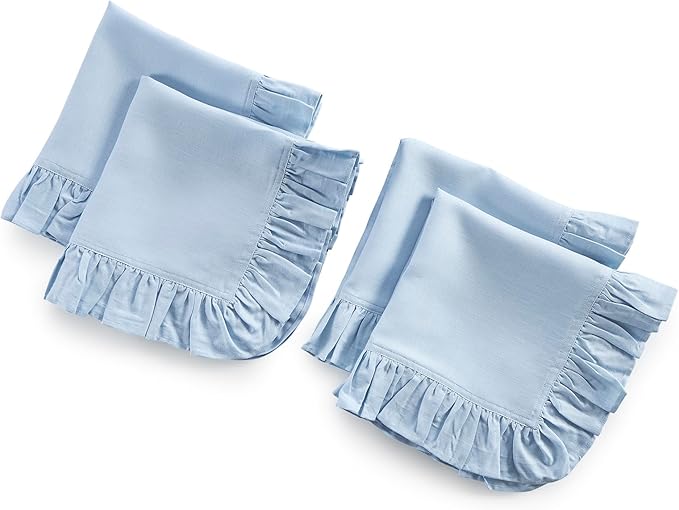Solino Home Linen Ruffle Cloth Napkins Set of 4-100% Pure Linen Sky Blue Dinner Napkins 20 x 20 Inch for Christmas, New Year - Gabrielle Ruffle, Handcrafted and Machine Washable