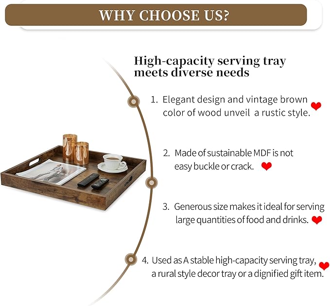 Hanobe Serving Tray for Ottoman Large: Rustic Brown Coffee Table Trays 20 Inch Square with Handles for Living Room - Farmhouse Extra Oversized Wood Decorative Topper for Kitchen Parties