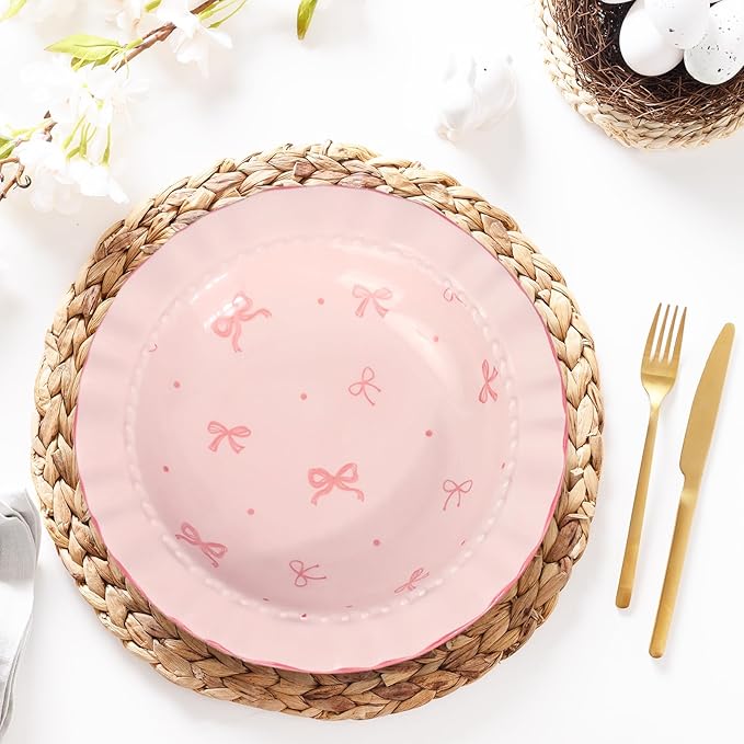 JarThenaAMCS 2Pcs Pink Bow Ceramic Dish White Pink Bow Tie Dinner Plates Cute Coquette Salad Appetizer Plates for Holding Necklaces Earrings Bracelets Decorative Plate Home Restaurant Table Decor