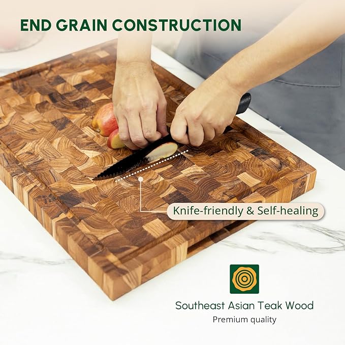 BEEFURNI Teak Wood End Grain Cutting Board (XL, 24x17x1.5"), Extra Large Wooden Cutting Boards for Kitchen, Serving & Charcuterie Boards, Premium Wood Cutting Board, Christmas Gifts, 1-Year Warranty