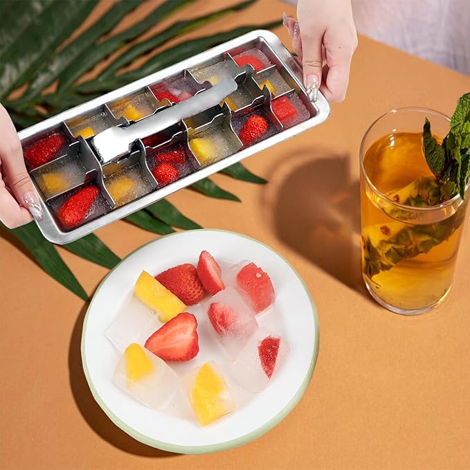 KAYCROWN 18/8 Stainless Steel Ice Cube Tray, 18 Slot Ice Cube Tray with Easy Release Handle for Making Various Large Ice Cubes, Removable Slots for Easy Ice Cube Removal (Tweezers & Finger Gloves)
