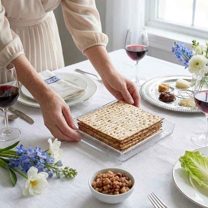 Rite Lite Square Clear Matzah Tray Jerusalem Design with Glitter - Passover Gifts, Passover Matzah Tray, Clear Matzah Tray, Transparent Matzah Tray, Jerusalem Matzah Tray for Passover