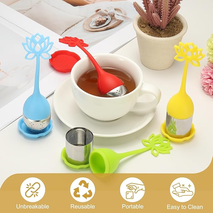uxcell 2 Pcs Lotus Tea Infuser, Stainless Steel Loose Leaf Tea Steeper Filter with Silicone Handle Reusable Coarse Pores Mesh Strainer Diffuser for Teacups Teapots Mugs, Red