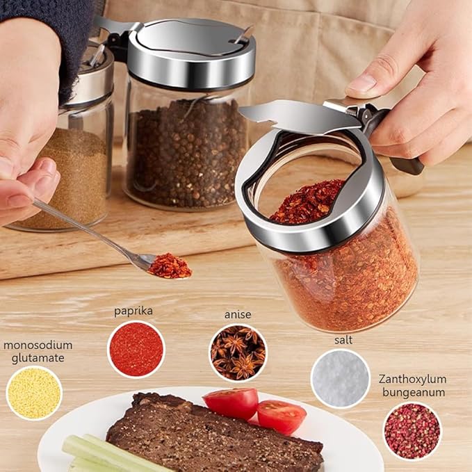 TINMIX Revolving Condiment Pots Sugar Bowl Salt & Pepper Cellar with Lid and Spoon, Set of 4 Seasoning Box Spice Jar with 360 Rotating Tray for Kitchen, 3 Pots+1 Oil Dispenser