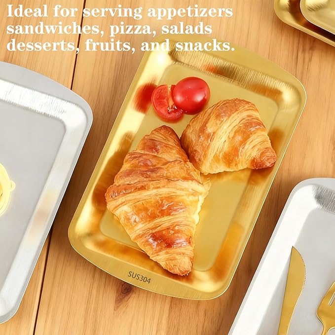 Gold Serving Tray SUS304 Stainless Steel Rectangular Tray, Metal Tray with Handles, Decorative Organizer Trays for BBQ,Party,Buffet,Coffee,Appetizer, 9.2x5.7Inch