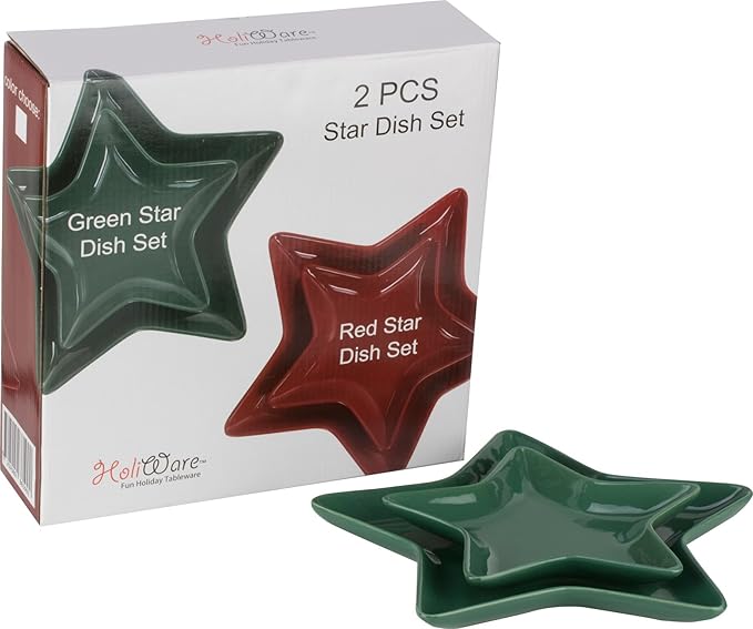 Holiware - Fun Holiday Dinnerware Service Set of 2 Ceramic Green Star Shaped Dinnerware Service Plates