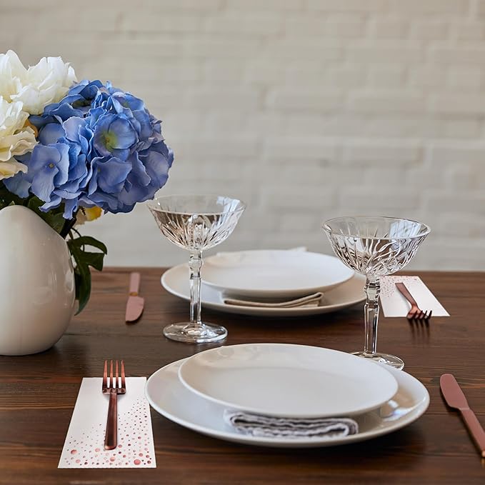 Stylish Rose Gold Napkins, 100 Disposable Rose Gold Napkins for Party, 7.5 x 4.25 Inch White and RoseGold Dinner Napkins, 3-Ply Paper Napkins, RoseGold Party Napkins