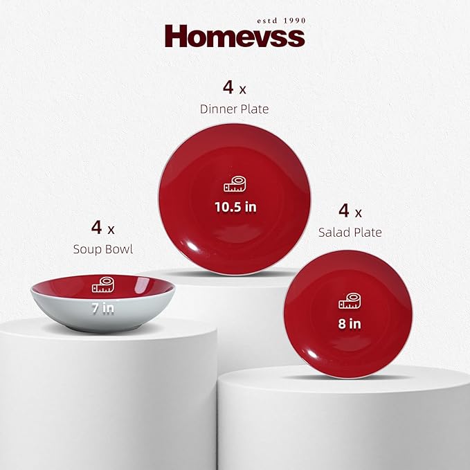 Stoneware Coupe Shape 12pc Dinnerware Set, Outside White + Inside Red