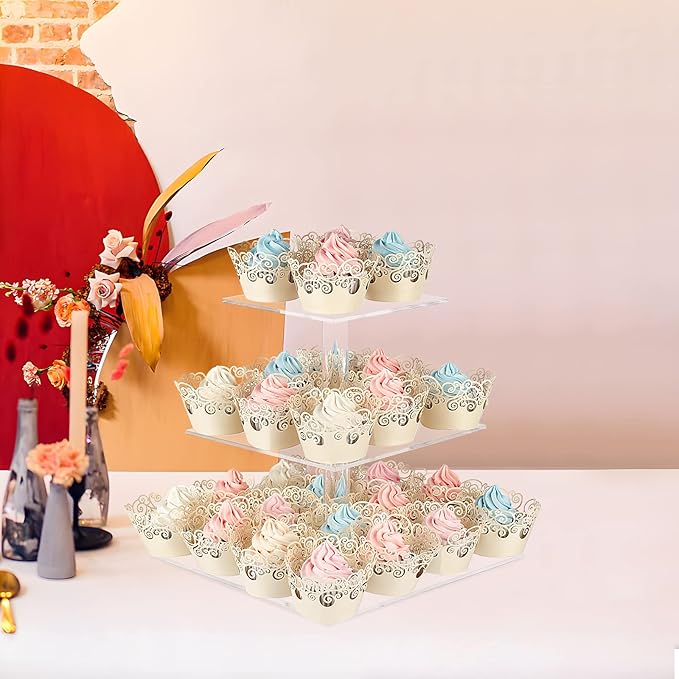 Cupcake Stand with Base, 3-Tier Square Acrylic Cupcake Display Stand Dessert Tower Pastry Stand Premium Cupcake Holder for Wedding Birthday Theme Party- Transparent
