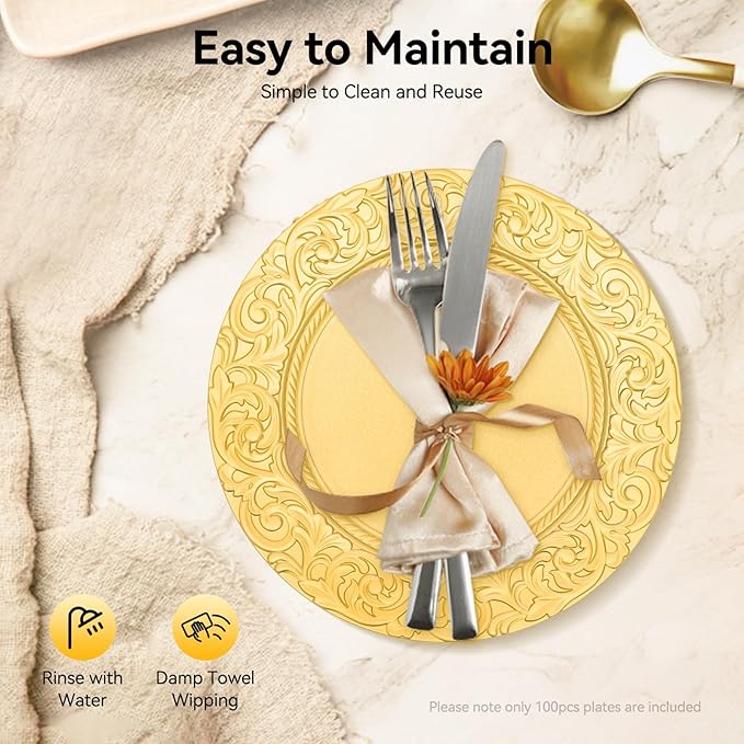 100Pcs Round Charger Plates, 13 Inch Reusable Serving Plates with Embossed Rim, Elegant Decorative Flower Relief Carving Chargers, Charger Plates Bulk for Wedding Party Event Decoration (Gold)