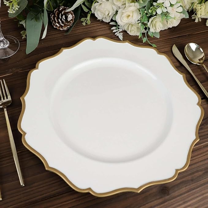 Efavormart 6 Pack | White & Gold 13" Round Scallop Rim Plastic Charger Plates, Tabletop Dinnerware Decor
