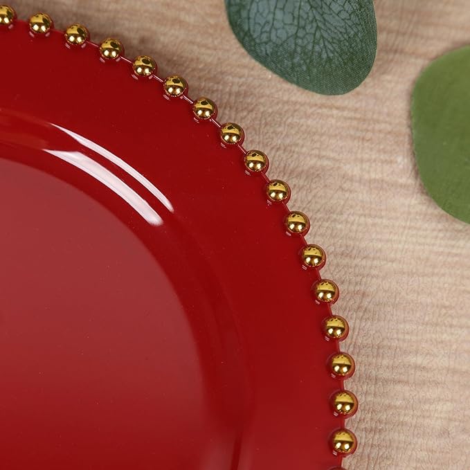 8" Salad Plates - Set of 20 - Plastic Red Round Disposable Dessert Appetizer Plate with Gold Beaded Rim, Ideal for Dinner Party Wedding Bulk Events