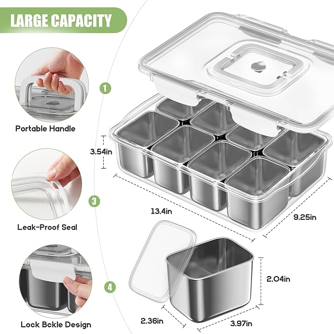 Snackle Box Container, 304 Stainless Steel Divided Serving Tray with Lid and Handle, Portable 8 Compartments Veggie Tray for Fruits,Veggies,Nuts &Candy, Dishwasher Safe for Travel,Picnic,Beach&Parties