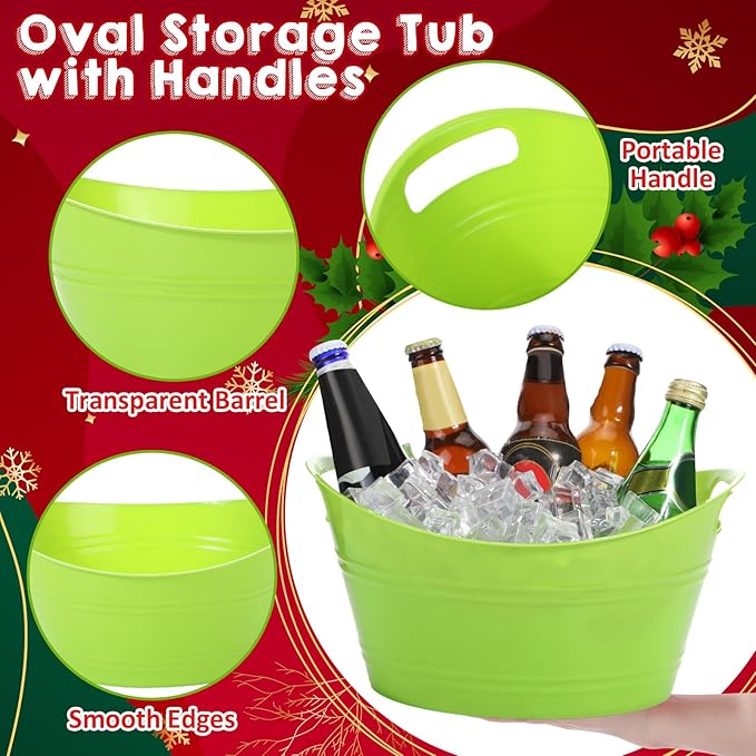 Norme 24 Pcs Oval Storage Tub with Handles 4.5L Plastic Ice Bucket, Wine, Beer, Champagne Drink Cooler for Parties, Beverage Storage Basket (Lime Green)