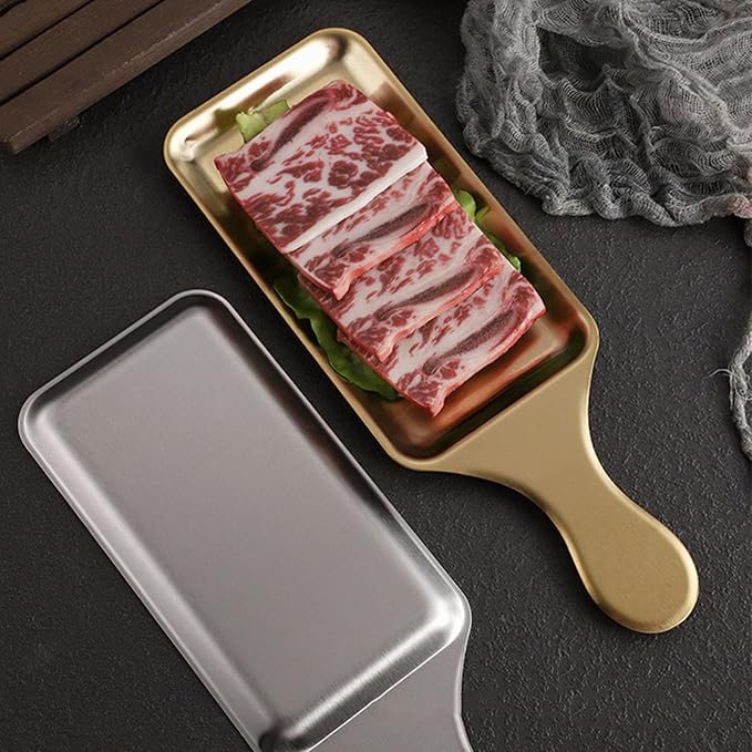 Stainless Steel Serving Plate with Handle - Rectangular Sushi Serving Tray for Western Cuisine, Steaks, Snacks Decorative Tray,Gold,Small