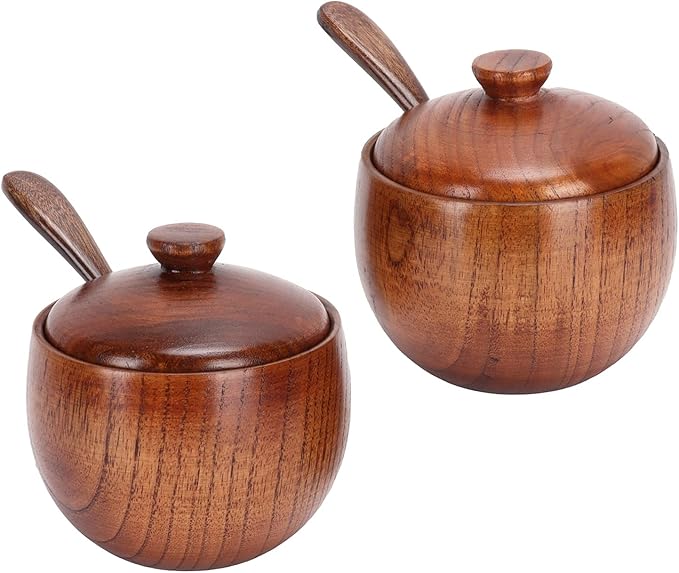 2 Set Condiment Jar, Retro Wooden Condiment Jar Spice Container with Lid and Spoon for Home Restaurant Kitchen, Sugar Bowl with Lid and Spoon, Canisters Pots Seasoning Box Salt Container