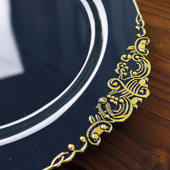 10" Dinner Plates -Set of 20 - Plastic Navy Blue Round Baroque Disposable Chargers Leaf Embossed Rim, Ideal for Dinner Party Wedding Bulk Events