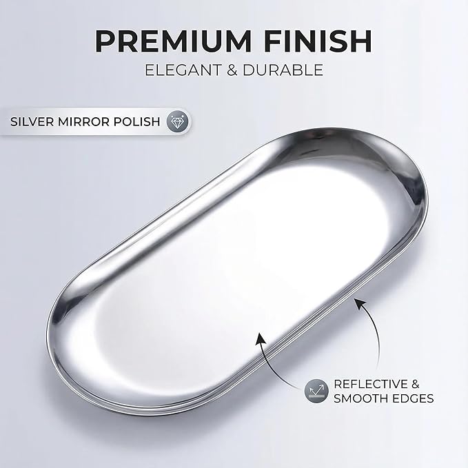 IMEEA 2-Pack Small Oval Tray, 7 x 3.3 Inch Stainless Steel Compact Vanity & Bathroom Counter Organizer for Jewelry, Perfume, Keys