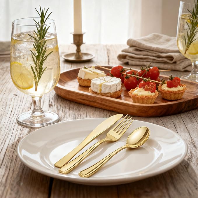WDF 500PCS Gold Plastic Silverware Set Disposable - Gold Cutlery Set Plastic - 250Forks, 125 Spoons, 125 Knives for Christmas Party, Birthday, Wedding