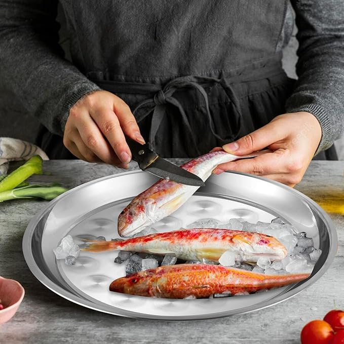 2-Piece Aluminum Seafood Platter - 16" Round Tray with 14" Oyster Section, Silver(Not Include Seafood Racks)