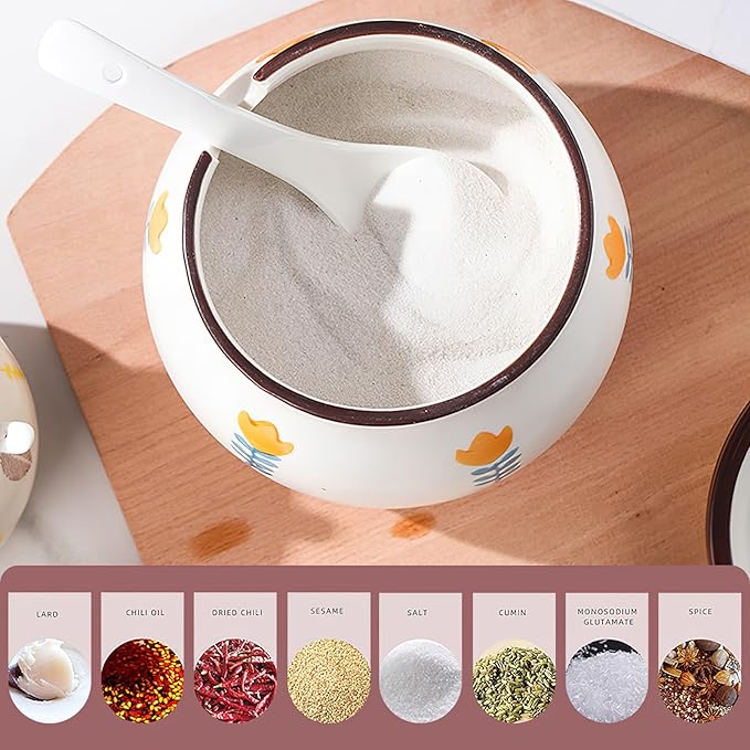Ceramic Salt and Sugar Bowl, Porcelain Condiment Jars with Lid and Spoon, Seasoning Spice Pot Bowl, Salt Sugar Pepper Storage Jar, 400ml, Yellow Flower