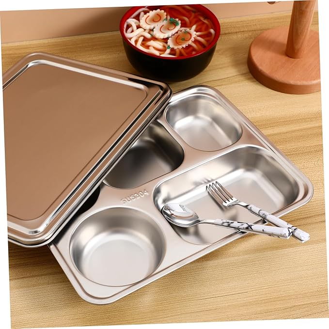 Stainless Steel Divided Dinner Plate with Five Food Serving Tray for Adults for Camping Picnics and Everyday Use