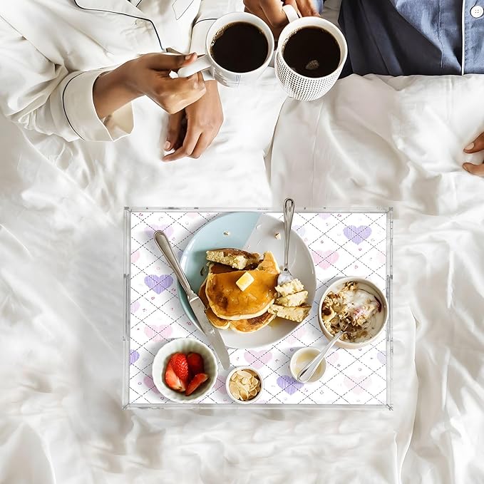Serving Tray with Handles Clear Acrylic Tray 12x16 Inch Decorative Rectangular Tray Organizer for Ottoman Coffee Table Bathroom Valentine Heart Plaid Love Hearts White