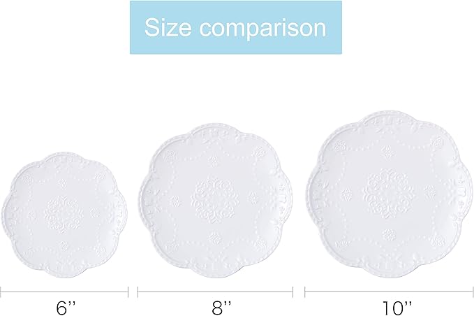 Jusalpha Embossed Lace Porcelain Plate-Dinner Plate Set, Pasta/Salad/Dessert Plate， Tableware Set for Restaurant Family Party Kitchen Use -4 Pieces, FD-PL15 (10 Inche, White)