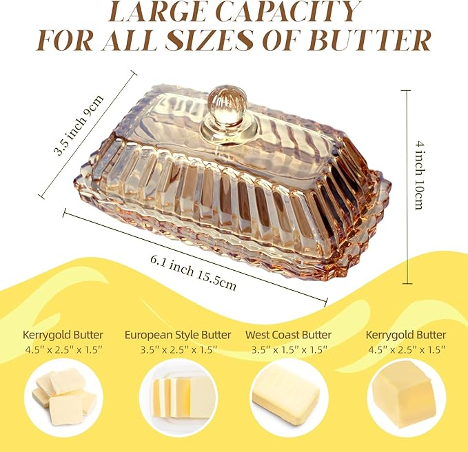 Champagne Color Glass Butter Dish with Lid, Covered Butter Stick Holder Tray, Crystal Glass Butter Storage Container for Kitchen Countertop