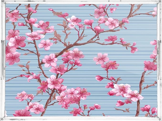 Serving Tray with Handles Clear Acrylic Tray 12x16 Inch Decorative Rectangular Tray Organizer for Ottoman Coffee Table Bathroom Blue Stripes Cherry Blossom