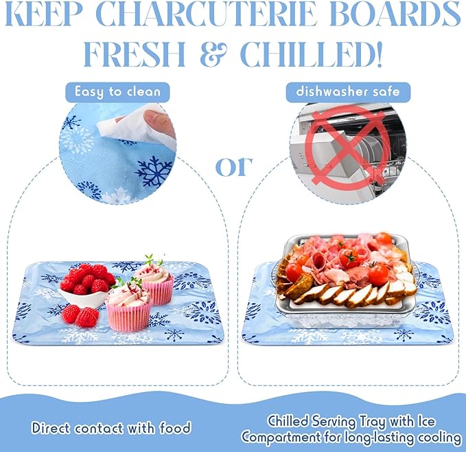Meanplan 8 Pcs Chilled Serving Tray for Parties & Reusable Freezable Ice Mat Sheets for Coolers and 11.8" Ice Mat Chill for Food Trays 9" Cold Served Trays for Cheese Deli Meat Veggie Plates Picnics