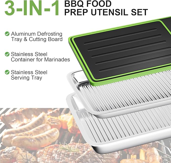 Grilling Prep and Serve Trays, Set of 4 Stackable Stainless Steel BBQ Trays with Cutting Board, Deep Marinating Container, Serving Platter for Plating Food, BBQ Prep Tub for Marinating Meats