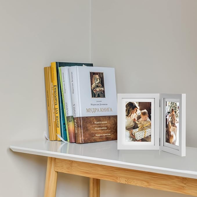 4x6 Double Horizontal Hinged Picture Frame Folding Photo Frame in White Pine Wood with Real Glass for Tabletop P-BAI-2H46