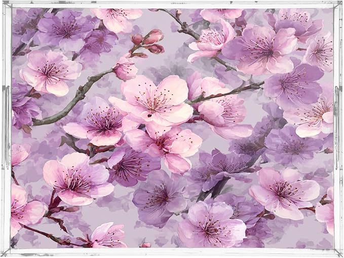 Serving Tray with Handles Clear Acrylic Tray 12x16 Inch Decorative Rectangular Tray Organizer for Ottoman Coffee Table Bathroom Pink and Purple Cherry Blossom