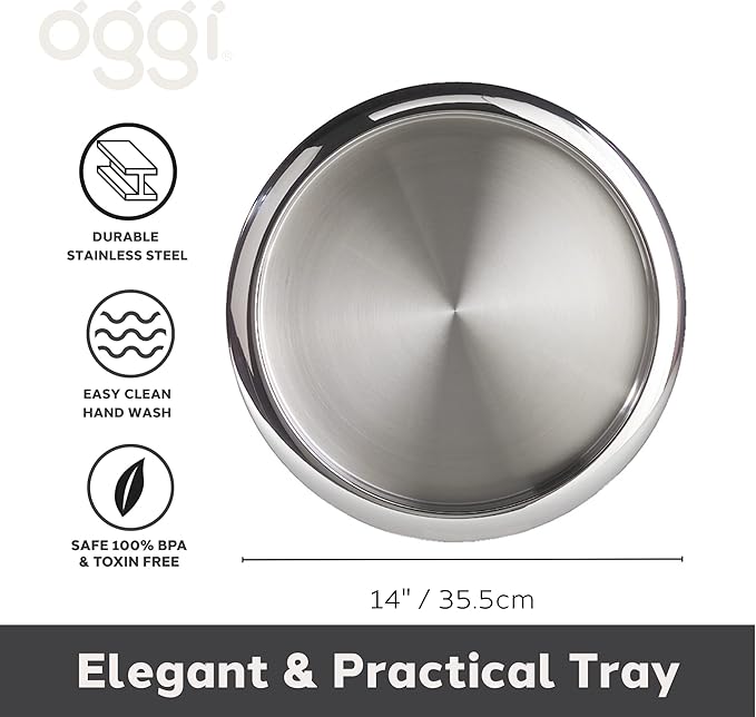 OGGI Round Tray Steel 14" - Ideal Coffee Table, Decorative Tray, Tea and Bar Serving Tray Stainless Steel