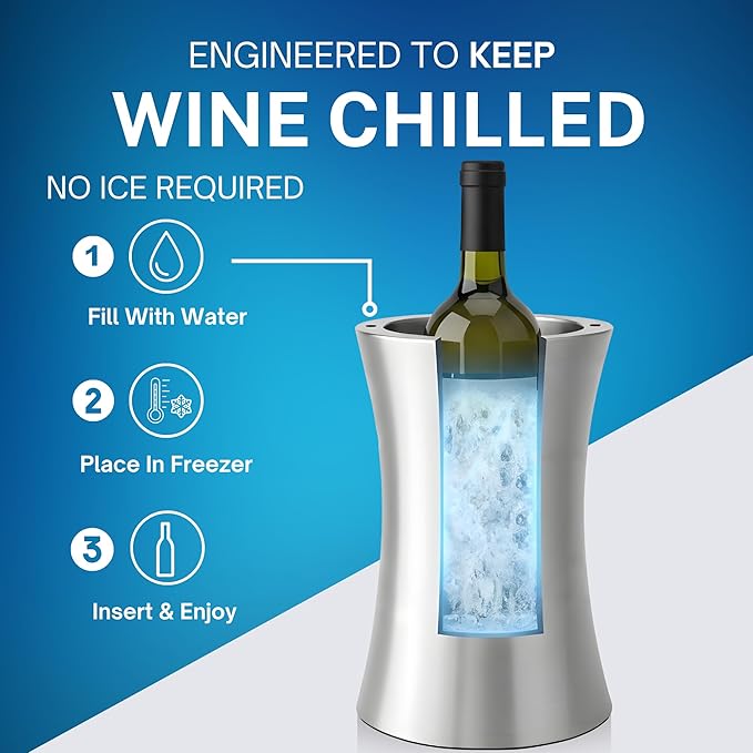 Frostware Patented Wine Chiller Bucket – Fill-With-Water & Freeze Stainless Steel Wine Bottle Chiller and Cooler Keeps Drinks Cold for 8+ Hours, Double Wall Insulated Design for Home Entertaining