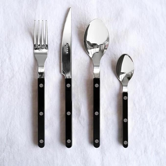 SABRE PARIS - 5-Piece Flatware Set - Bistrot Collection - Knife, Fork, Soup Spoon, Teaspoon & Dessert Fork - Stainless Steel & Nylon - Dishwasher Safe - Black - Brilliant Finish