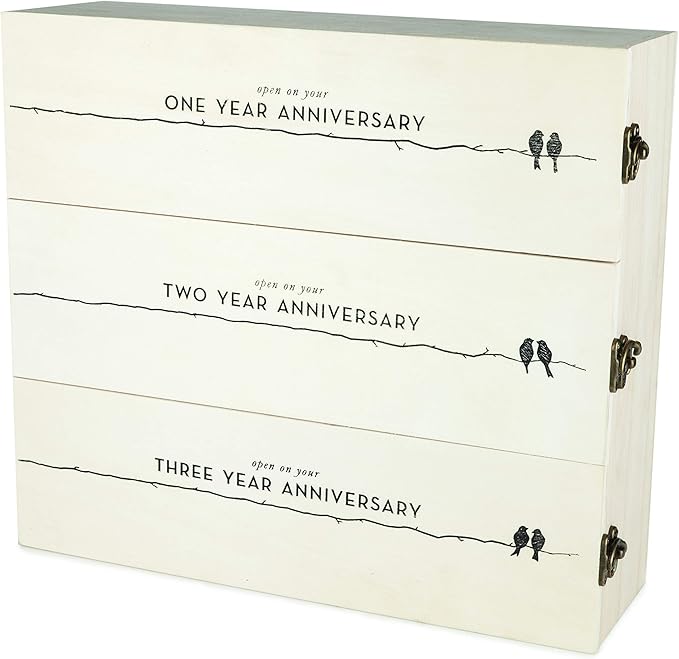 Twine Newlywed's Anniversary Wooden Gift Box with Lids and Brass Latches, Fits 3 Standard Wine Bottles, Wedding Keepsake Boxes, Decorative Storage Case for Mementos