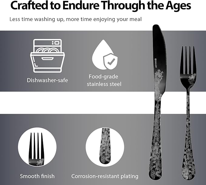 Hagary Dragon Cutlery Set 20 Pieces Stainless Steel Flatware Set Service for 4 Utensils For Home Kitchen Wedding Laser Engraved Dishwasher Safe Black
