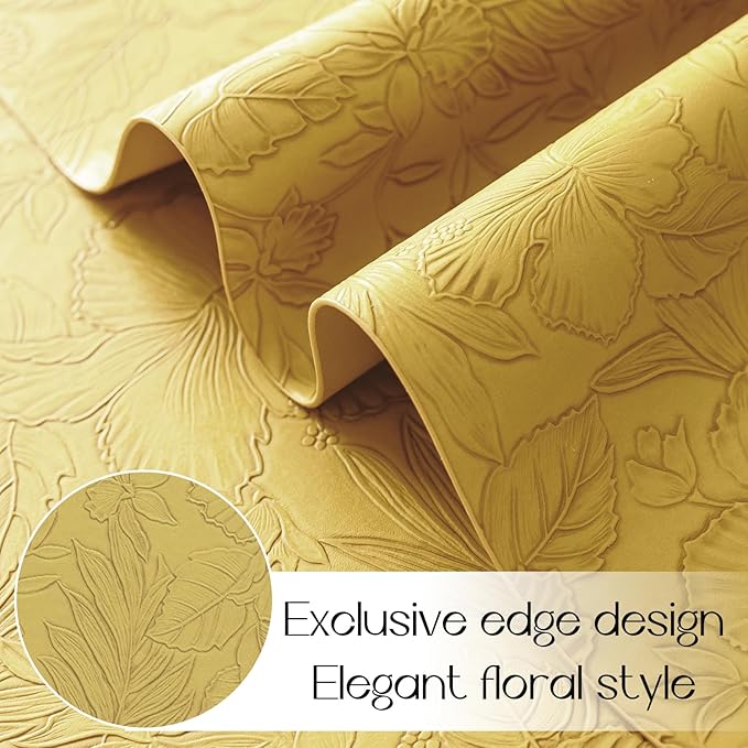 Romanstile Vinyl Placemats Set of 6-12 X 17 Inch - Heat Resistant Non-Slip Embossed Floral Place Mats 100% Waterproof Oilproof Wipeable Faux Leather Table Mats for Kitchen/Dining/Party, Yellow