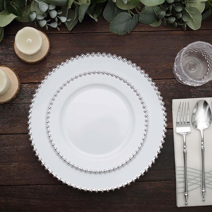 8" Salad Plates - Set of 20 - Plastic White/Silver Round Disposable Dessert Appetizer Plate Beaded Rim, Ideal for Dinner Party Wedding Bulk Events