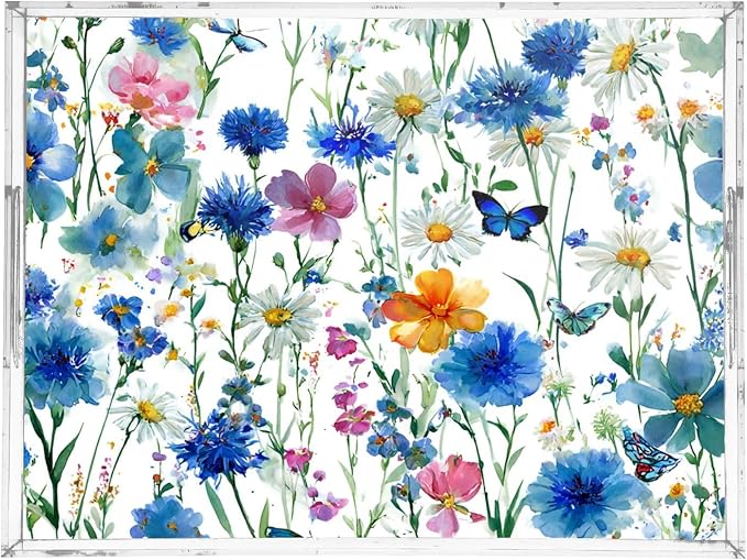 Serving Tray with Handles Clear Acrylic Tray 12x16 Inch Decorative Rectangular Tray Organizer for Ottoman Coffee Table Bathroom Watercolor Cornflower Daisy