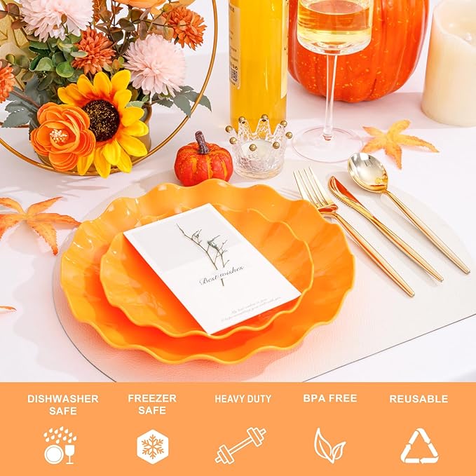 LIYH 50 Pcs Heavy Duty Plates Orange Scalloped Plastic Plates Reusable Unbreakable Plastic Plate for Party, Dishwasher Safe BPA Free (25Guests)