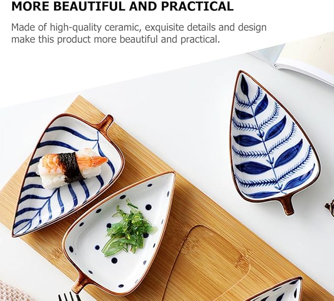 Creative 3pcs Ceramic Appetizer Plates Set with Hand-painted Underglaze Design, Assorted Leaf and Watergrass Patterns, Food-grade Dessert and Sauce Dishes for Serving Random Color