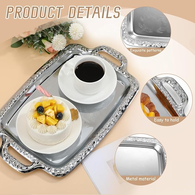 Silver Serving Tray with Handle Small Vintage Silver Tray Elegant Floral Metal Serving Platter for Kitchen Dining Wedding Party, Plate Internal Dimensions: 10.6 x 7.1 inch