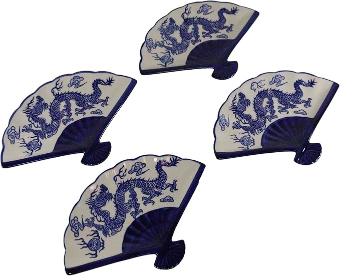 Ebros Pack Of 4 Colorful Oriental Folding Fan Shaped Appetizer Sushi Dessert Serving Dish Plates Decorative Asian Themed Artistic Dinner Lunch Serveware Plate Set (Blue White Dragon King Feng Shui)