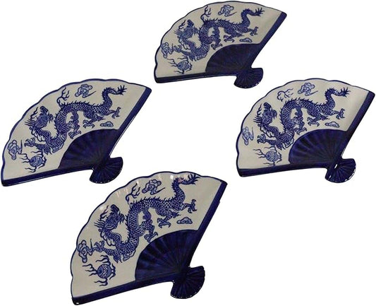 Ebros Pack Of 4 Colorful Oriental Folding Fan Shaped Appetizer Sushi Dessert Serving Dish Plates Decorative Asian Themed Artistic Dinner Lunch Serveware Plate Set (Blue White Dragon King Feng Shui)