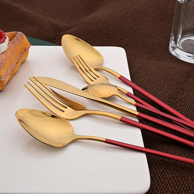 36pcs Silverware Set, 18/10 Stainless Steel Serving Flatware With Curved Handle For 6, Durable Eating Utensils For Home Entertaining, Mirror Polished (Red Gold)