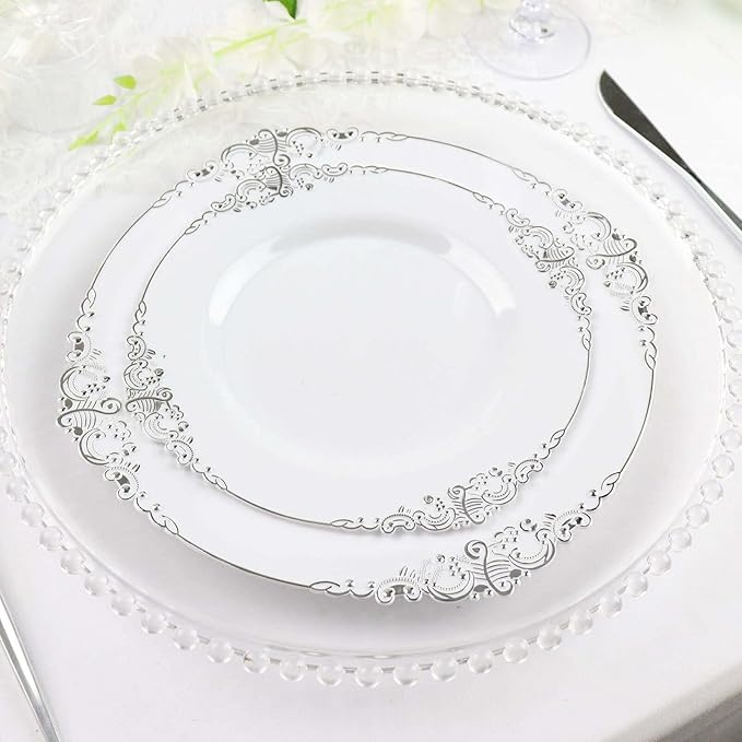 10" Dinner Plates -Set of 30 - Plastic White Silver Round Baroque Disposable Chargers Leaf Embossed Rim, Ideal for Dinner Party Wedding Bulk Events